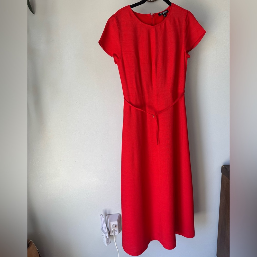 J Crew Red Women's Short Sleeve Belted Dress Size 4 Back Zippered Closure